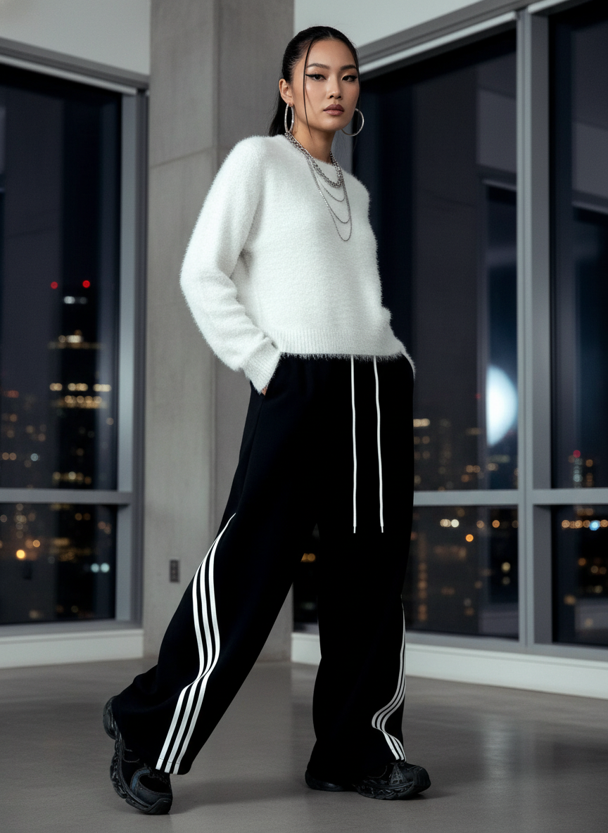 Woman wearing a white sweater and black pants with white stripes indoors at night.
