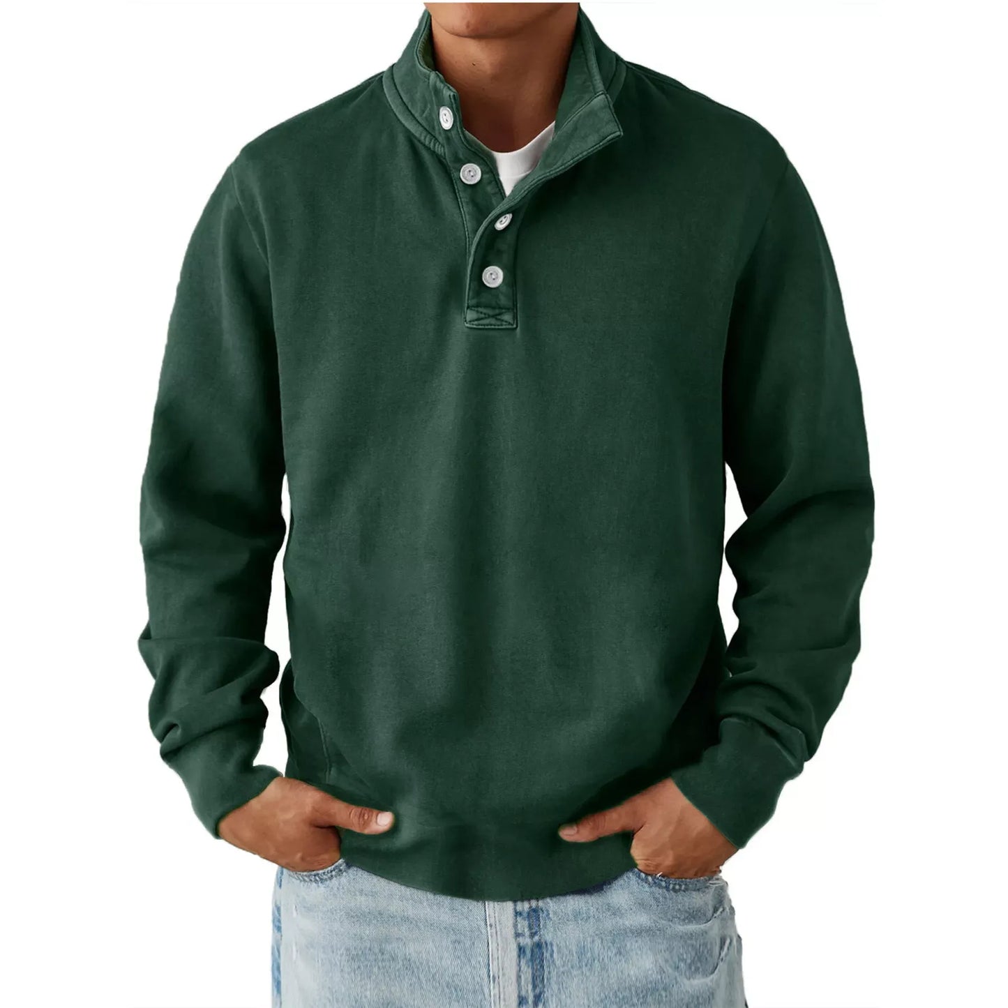 Men's dark green long sleeve sweatshirt with button detail and casual fit