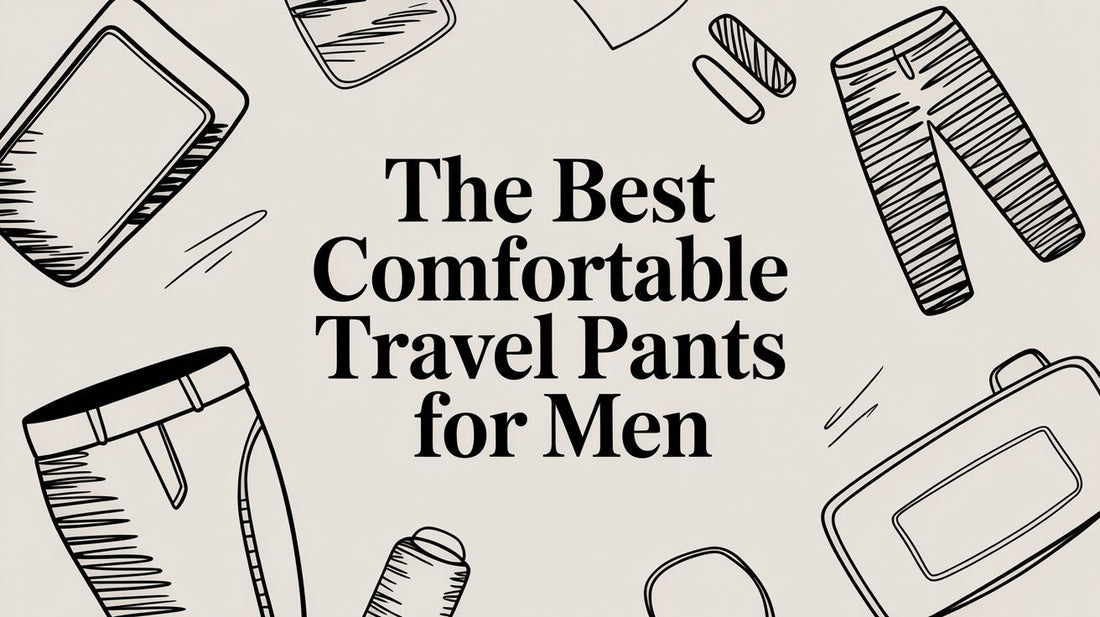 Illustration with text The Best Comfortable Travel Pants for Men surrounded by travel and clothing icons