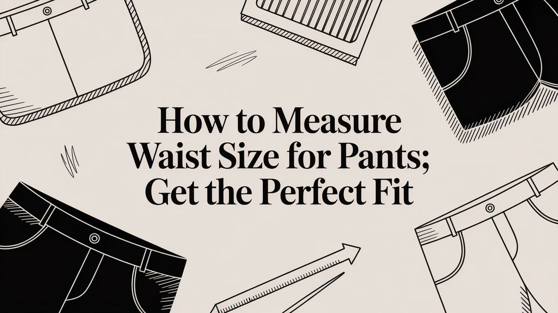 Illustration with pants and tape measure around text about measuring waist size for perfect pant fit