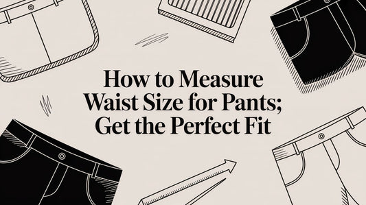 Illustration with pants and tape measure around text about measuring waist size for perfect pant fit