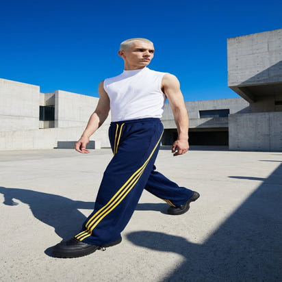 Person wearing a white sleeveless shirt and blue pants with yellow stripes outdoors.