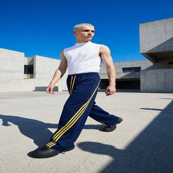 Person wearing a white sleeveless shirt and blue pants with yellow stripes outdoors.