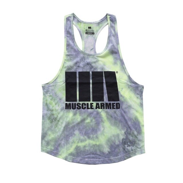 Tie-dye tank top with 'Muscle Armed' branding on a white background