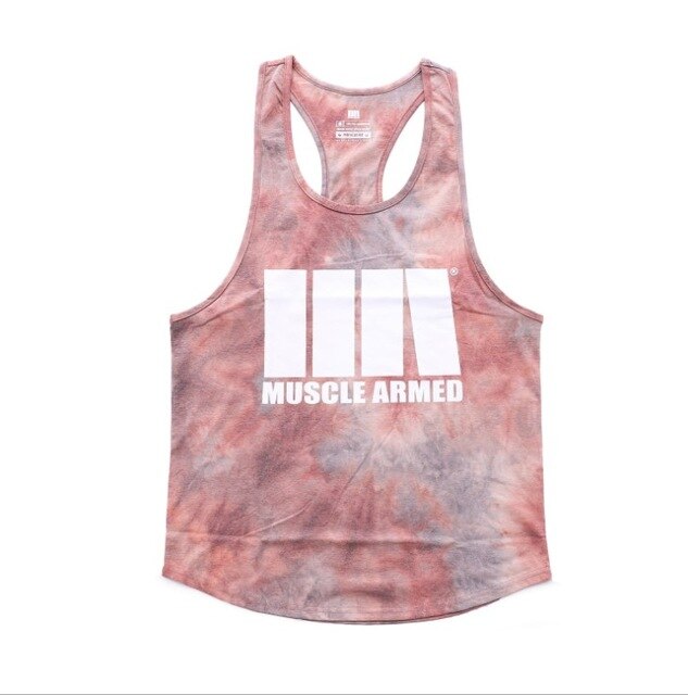 Tie-dye tank top with 'Muscle Armed' logo on a white background