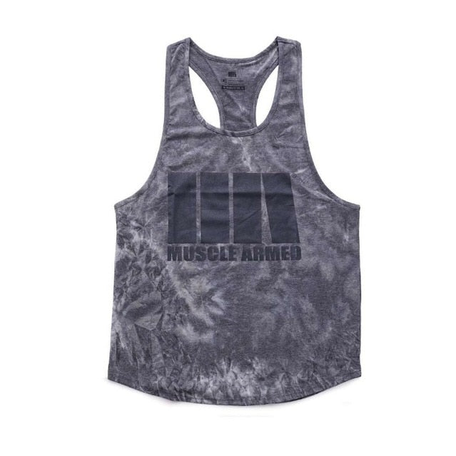Gray tie-dye tank top with 'Muscle Armed' logo on a white background