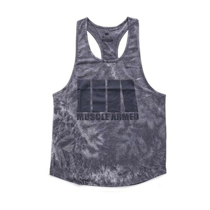 Gray tie-dye tank top with 'Muscle Armed' logo on a white background