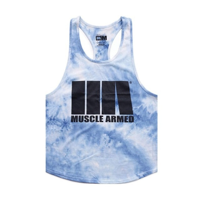 Blue tie-dye tank top with 'Muscle Armed' logo on a white background