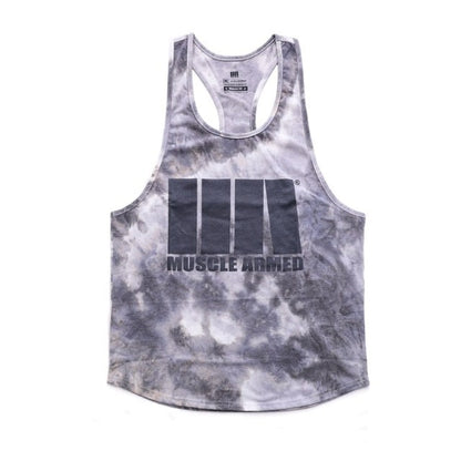 Gray tie-dye tank top with 'Muscle Armed' logo on a white background