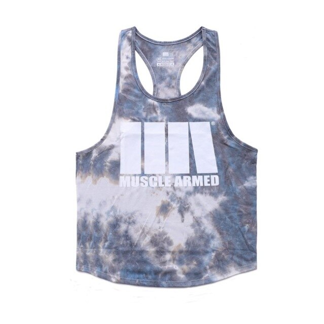 Tie-dye tank top with 'Muscle Armed' logo on a white background