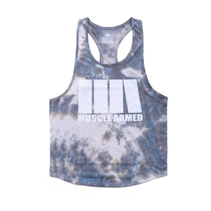 Tie-dye tank top with 'Muscle Armed' logo on a white background