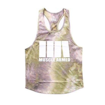 Tie-dye tank top with 'Muscle Armed' text on a white background