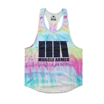 Tie-dye tank top with 'Muscle Armed' logo on a white background
