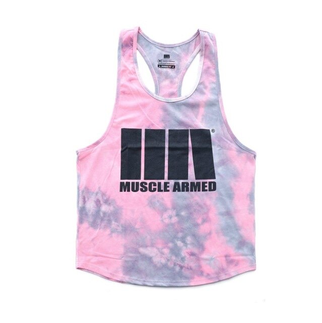 Tie-dye tank top with 'Muscle Armed' branding on a white background