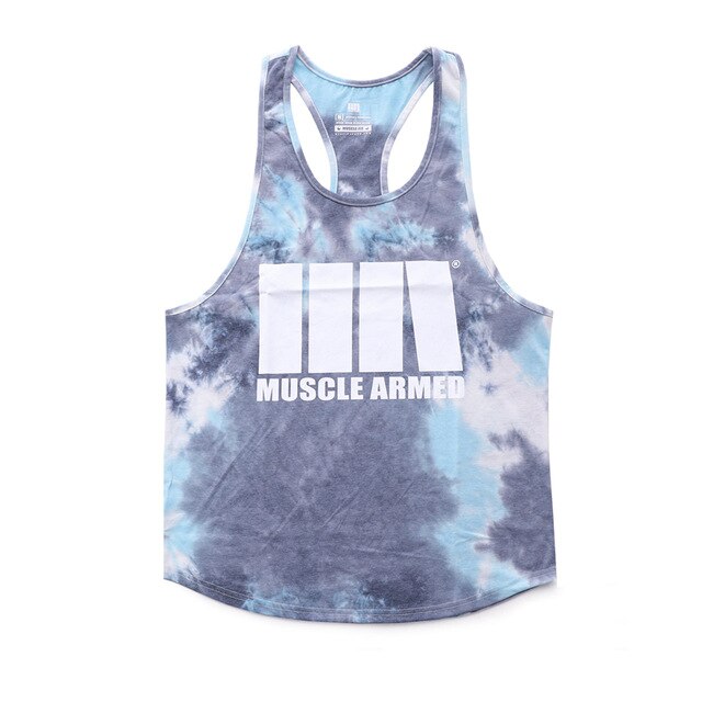 Tie-dye tank top with 'Muscle Armed' logo on a white background