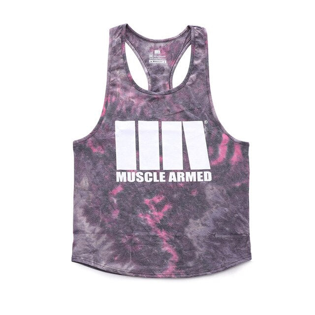 Tie-dye tank top with 'Muscle Armed' logo on a white background