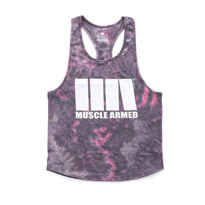 Tie-dye tank top with 'Muscle Armed' logo on a white background