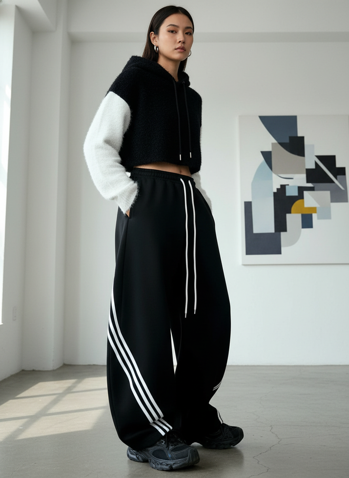 Person wearing a black and white outfit with a abstract painting in the background