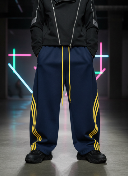 Person wearing a black jacket and blue tracksuit with yellow stripes in a dark setting with neon lights.