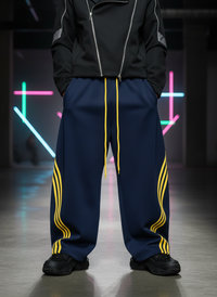 Person wearing a black jacket and blue tracksuit with yellow stripes in a dark setting with neon lights.