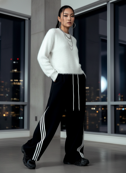 Woman wearing a white sweater and black pants with white stripes indoors at night.