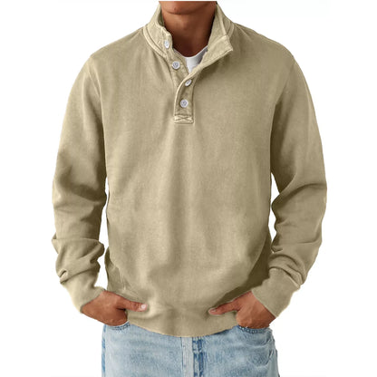 Men's beige button detail long sleeve sweatshirt with stand collar and casual fit