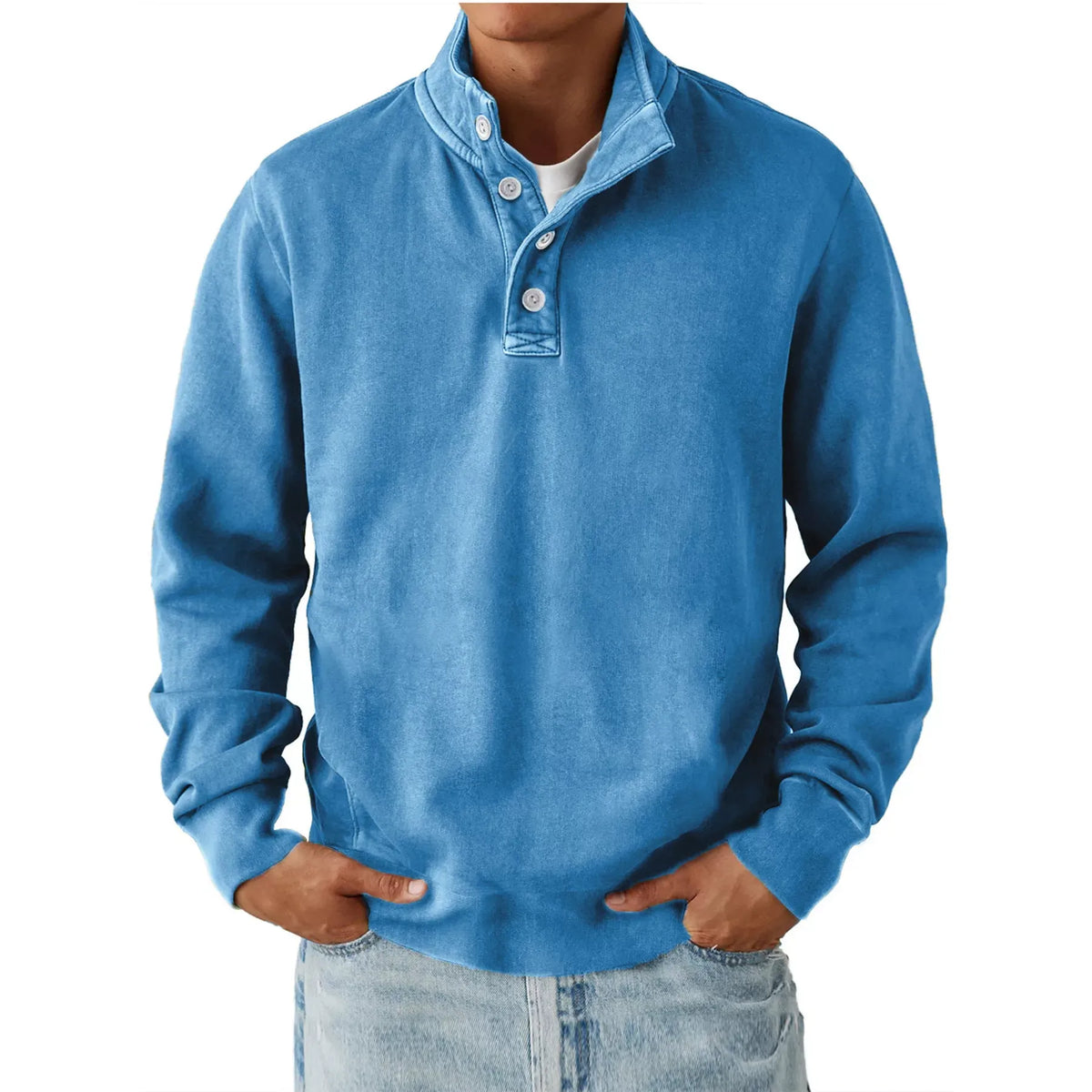 Men's blue long sleeve sweatshirt with button-up collar and casual fit, paired with light denim jeans