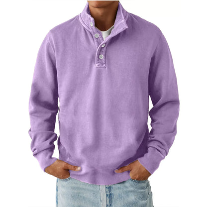 Men's lavender pullover sweatshirt with button detail and mock neck, styled with light denim jeans