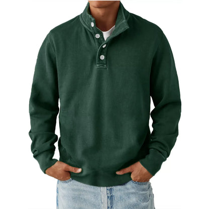 Men's dark green long sleeve sweatshirt with button detail and casual fit